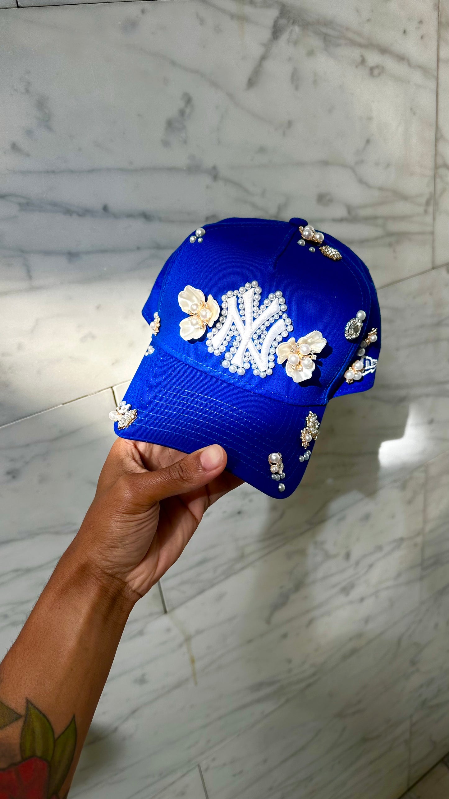 Blue NY Pearl & Diamond Clustered Adjustable Snapback