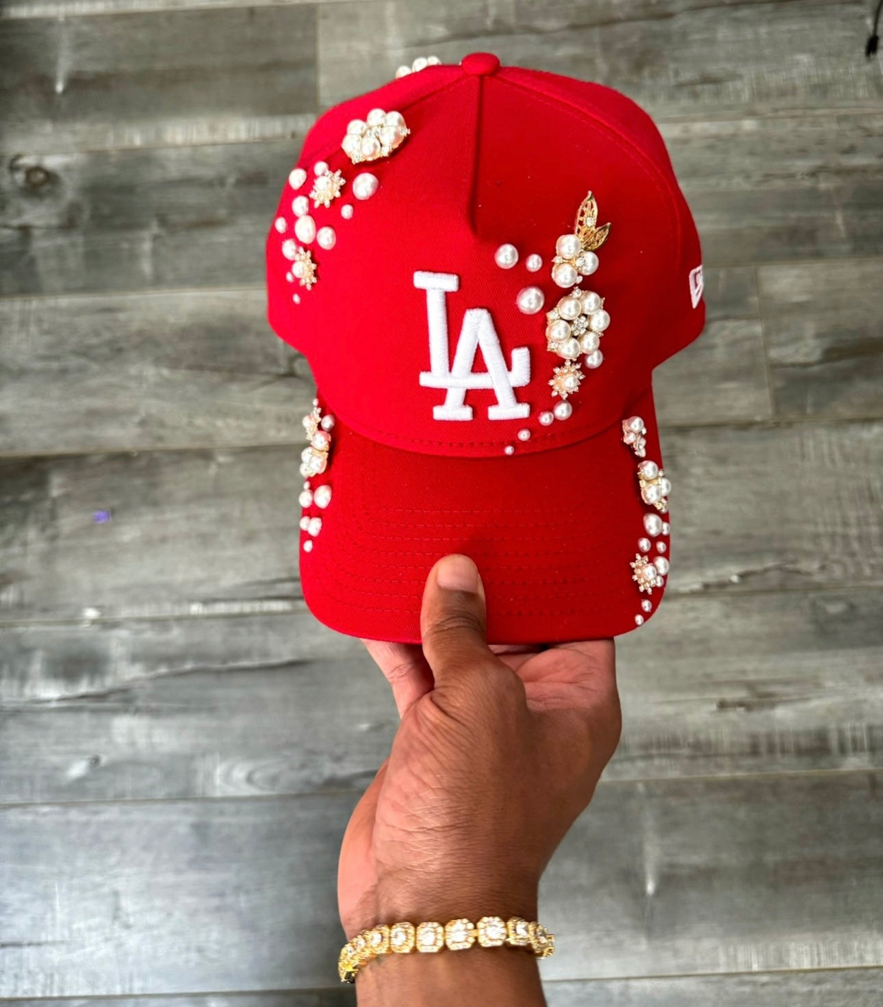 Red LA Pearl & Diamond Clustered Adjustable Snapback