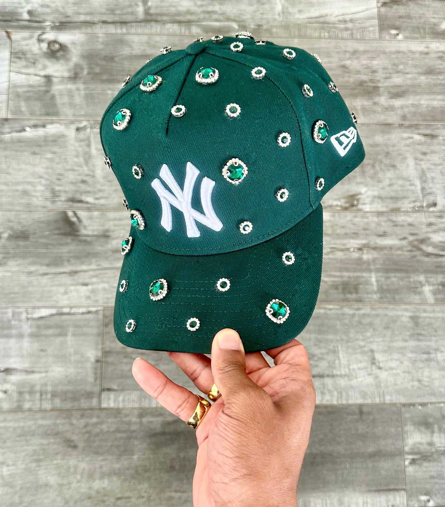 Green on Green NY Rhinestone Adjustable Snapback