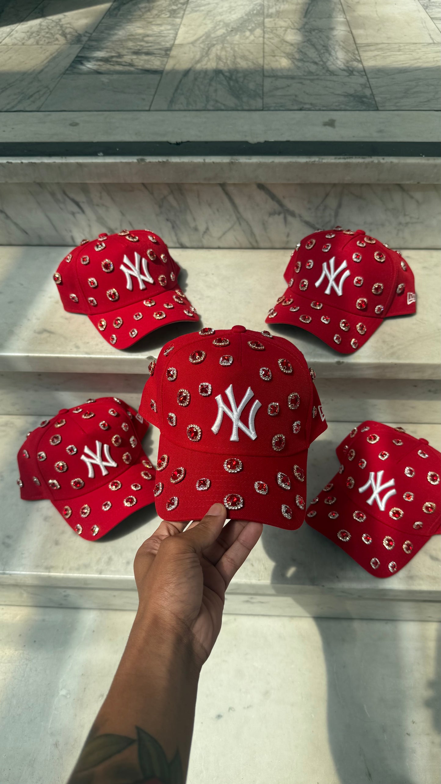 Red NY Rhinestone Adjustable Snapback