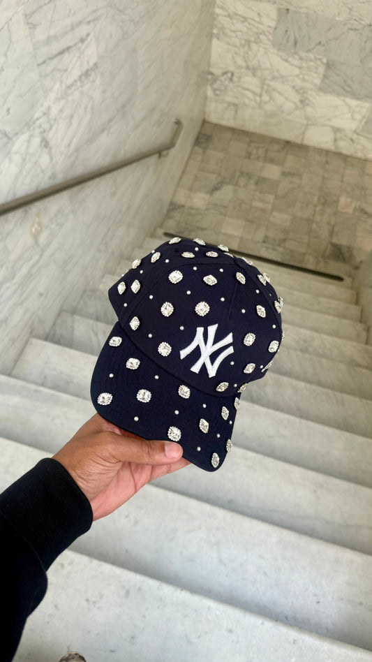 Navy Blue NY Rhinestone & Pearl Snapback