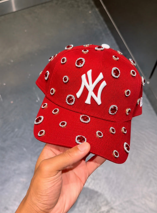 Red NY Rhinestone Adjustable Snapback (small circle stones w/med stones)