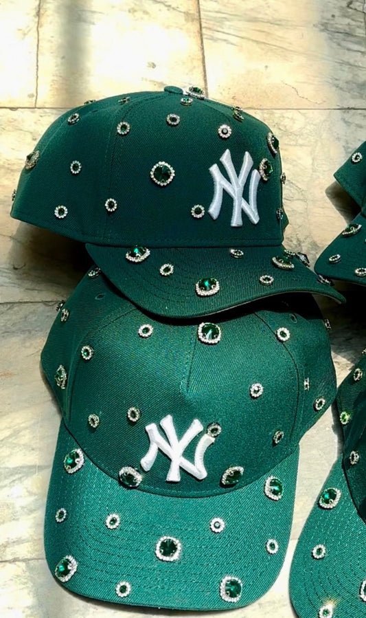 Green on Green NY Rhinestone Adjustable Snapback